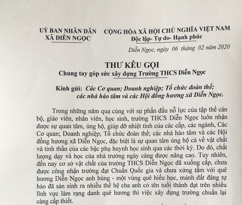 Thư kêu gọi chung tay xây dựng Trường THCS Diễn Ngọc của Chủ tịch UBND xã